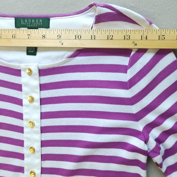 Lauren Petite Medium Cotton Pullover Buttoned Collar Purple-White Stripes - Picture 6 of 7